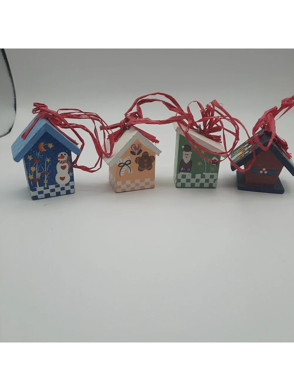 Lot of 4 Small Birdhouse Ornaments  Wood w/Raffia Hangers Chritmas/Holidays